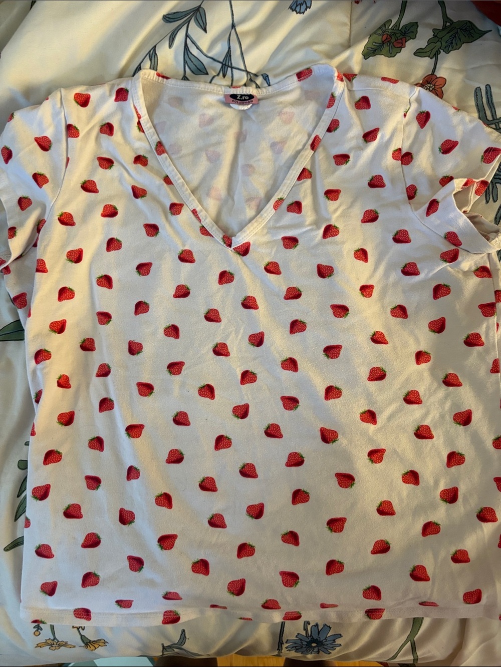 Vintage White Tee with Pink Heart and Red Strawberry Accents
